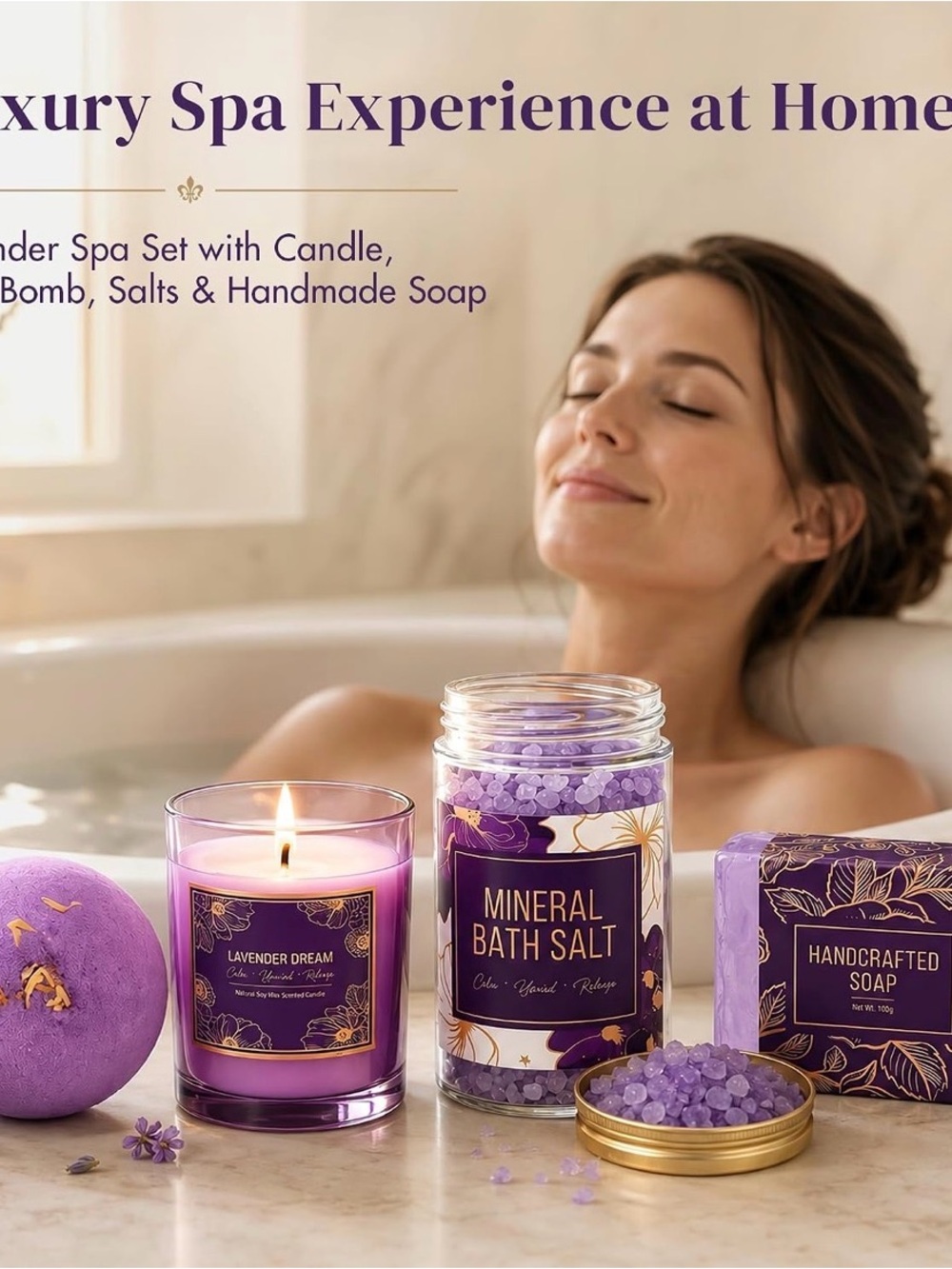 Lavender Dream Bath Gift Set with Candle, Bath Salts & Soap - Purple